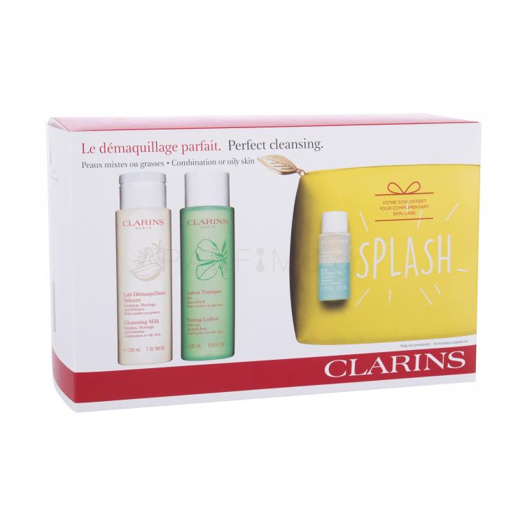 Clarins Perfect Cleansing Σετ δώρου γαλάκτωμα καθαρισμού 200 ml + νερό καθαρισμού 200 ml + αφαιρέστε το μακιγιάζ των ματιών 30 ml + καλλυντική τσάντα