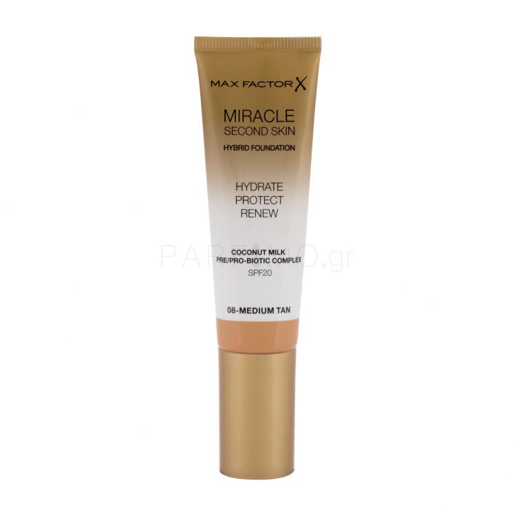 Max Factor Miracle Second Skin SPF20 Make up για γυναίκες 30 ml Απόχρωση 08 Medium Tan