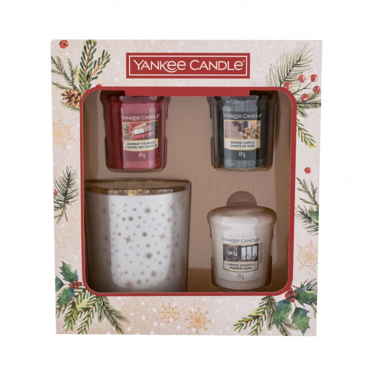 Yankee Candle Magical Christmas Morning Σετ δώρου αναθηματικό κερί Unwrap The Magic 49 g + αναθηματικό κερί Singing Carols 49 g + αναθηματικό κερί Surprise Snowfall 49 g + κηροπήγιο