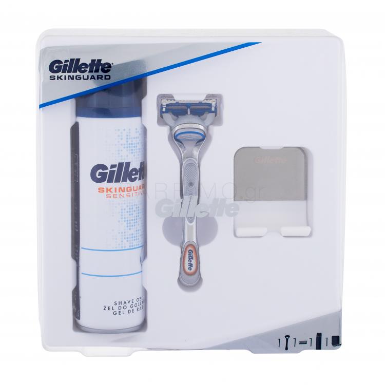 Gillette Skinguard Sensitive Σετ δώρου ξυράφι με ένα μαχαίρι Skinguard Sensitive 1 τεμ. + τζελ ξυρίσματος Skinguard Sensitive 200 ml + βάση ξυραφιού