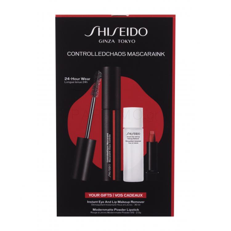 Shiseido ControlledChaos MascaraInk Σετ δώρου μάσκαρα ControlledChaos MascaraInk 11,5 ml + προϊόν καθαρισμού μακιγιάζ Instant Eye and Lip Makeup Remover 30 ml + κραγιόν ModernMatte Powder Lipstick 2,5 g 515 Mellow Drama