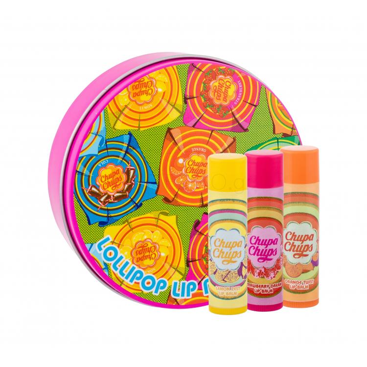 Chupa Chups Lip Balm Lollipop Σετ δώρου βάλσαμο χειλιών 3 x 4 g + μεταλλικό κουτί