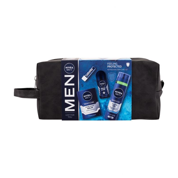 Nivea Men Protect &amp; Care Feeling Protected Σετ δώρου Aftershave βάλσαμο Men Protect &amp; Care 100 ml + τζελ ξυρίσματος Men Protect &amp; Care 200 ml + αντιιδρωτικό Men Protect &amp; Care 50 ml + βάλσαμο χειλιών Labello Men Active 4,8 g + τσαντάκι καλλυντικών