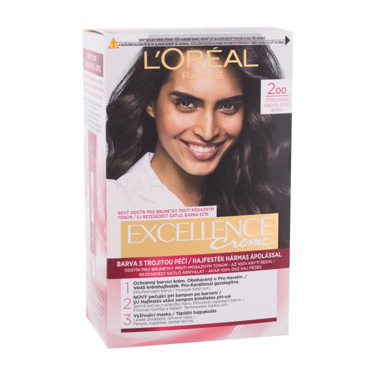 L&#039;Oréal Paris Excellence Creme Triple Protection Βαφή μαλλιών για γυναίκες 48 ml Απόχρωση 200 Black-Brown ελλατωματική συσκευασία