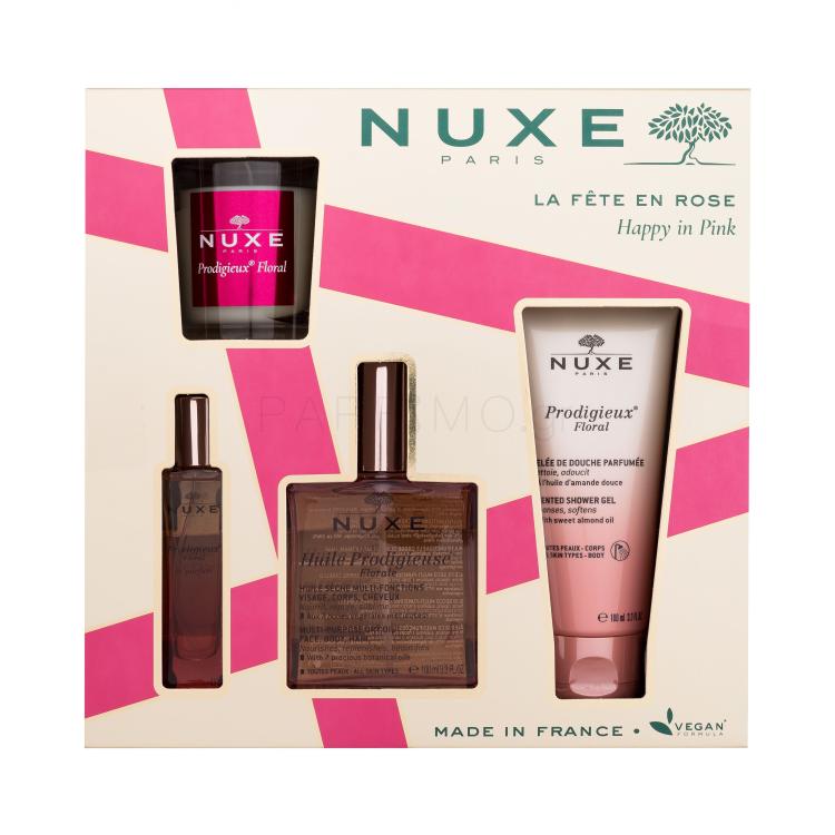 NUXE Happy In Pink Σετ δώρου Ξηρό λάδι Huile Prodigieuse Florale 100 ml + αφρόλουτρο Prodigieux Floral 100 ml + EDP Prodigieux Floral 15 ml + κερί Prodigieux Floral 70 g