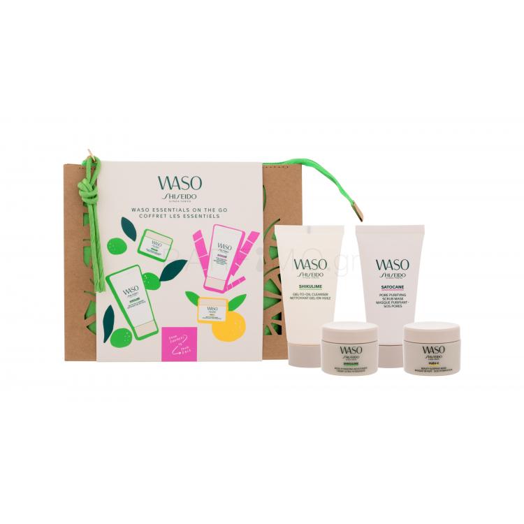 Shiseido Waso Essentials On The Go Σετ δώρου Κρέμα προσώπου Waso Shikulime 15 ml + τζελ καθαρισμού προσώπου Waso Shikulime 30 ml + μάσκα προσώπου νύχτας Waso Yuzu-C 15 ml + μάσκα απολέπισης Waso Satocane 30 ml + καλλυντικό τσαντάκι