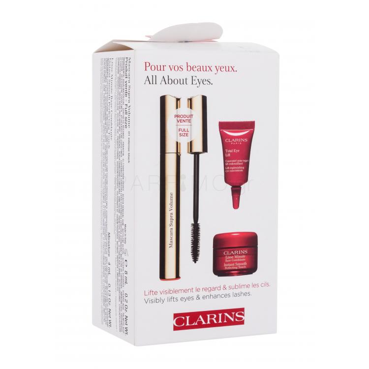 Clarins All About Eyes Σετ δώρου Μάσκαρα Supra Volume 8 ml + βάση μάσκαρας Instant Smooth Perfecting Touch 4 ml + κρέμα ματιών Total Eye Lift 3 ml