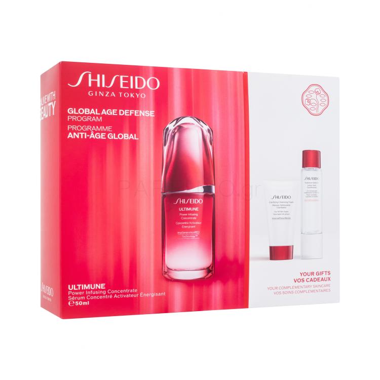 Shiseido Ultimune Global Age Defense Program Σετ δώρου Ορός προσώπου Ultimune Power Infusing Concentrate 50 ml + αφρός καθαρισμού Clarifying Cleansing Foam 30 ml + μαλακτική λοσιόν Treatment Softener 30 ml