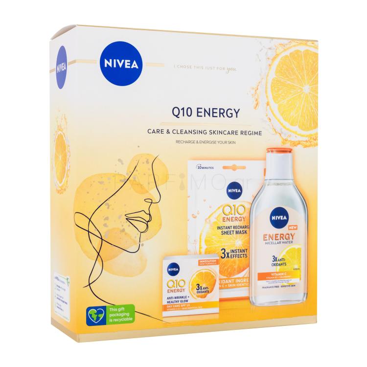 Nivea Q10 Energy Gift Set Σετ δώρου Κρέμα προσώπου ημέρας Q10 Energy 50 ml + μικυλλιακό νερό Q10 Energy 400 ml + υφασμάτινη μάσκα προσώπου Q10 Energy 1 τμχ