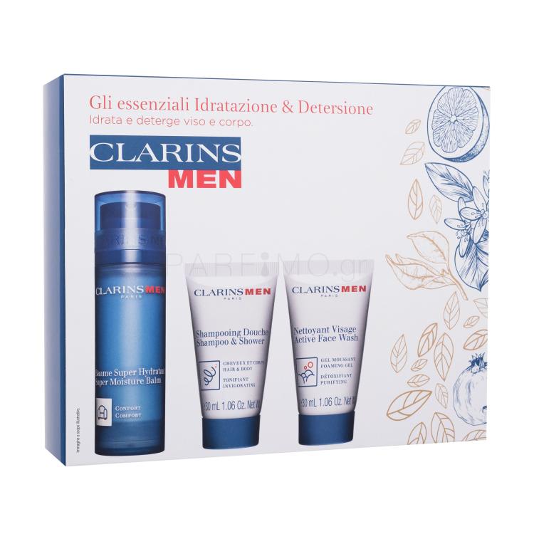 Clarins Men Hydration Essentials Σετ δώρου Βάλσαμο προσώπου Men Super Moisture Balm 50 ml + σαμπουάν Men Shampoo &amp; Shower 30 ml + τζελ καθαρισμού Men Active Face Wash 30 ml