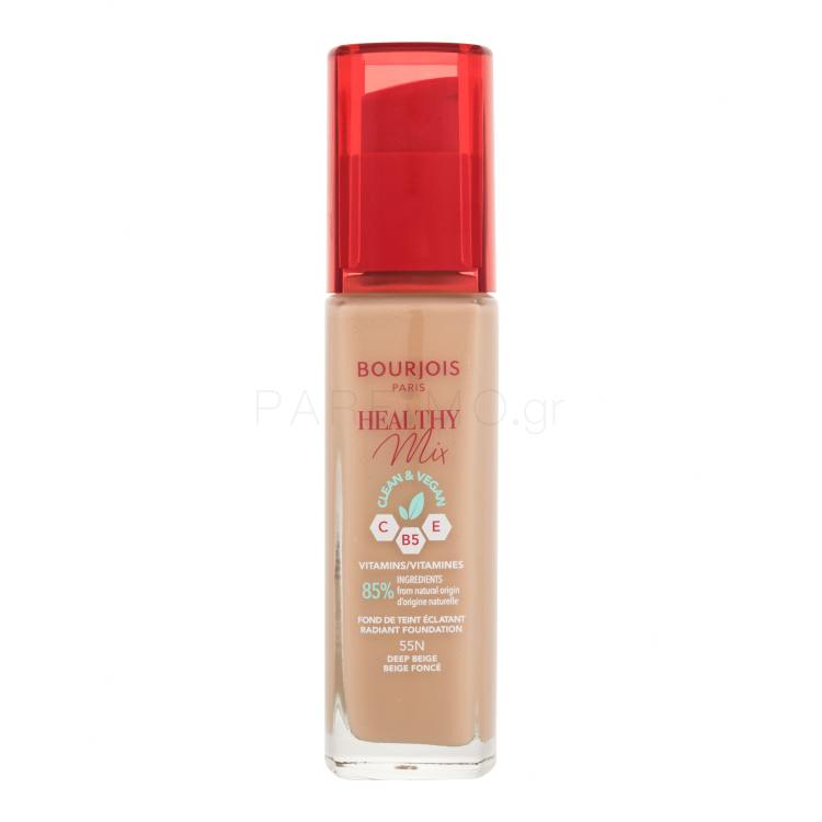 BOURJOIS Paris Healthy Mix Clean &amp; Vegan Radiant Foundation Make up για γυναίκες 30 ml Απόχρωση 55N Deep Beige