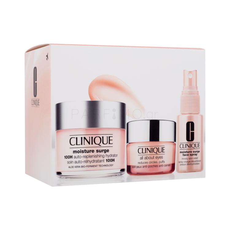 Clinique Moisture Surge Ultra Hydration Travel Exclusive Σετ δώρου Κρέμα προσώπου ημέρας Moisture Surge 100H Auto-Replenishing Hydrator 125 ml + σπρέι προσώπου Moisture Surge Face Spray Thirsty Skin Relief 30 ml + κρέμα ματιών All About Eyes 15 ml