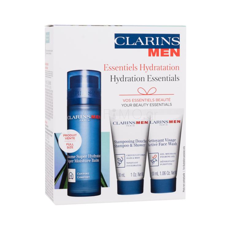 Clarins Men Hydration Essentials Σετ δώρου Βάλσαμο προσώπου Men Super Moisture Balm 50 ml + σαμπουάν Men Shampoo &amp; Shower 30 ml + τζελ καθαρισμού Men Active Face Wash 30 ml + ορός ματιών Double Serum Eye 0,9 ml
