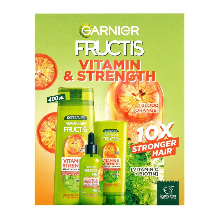 Garnier Fructis Vitamin &amp; Strength Σετ δώρου σαμπουάν Fructis Vitamin &amp; Strength Reinforcing Shampoo 400 ml + μαλακτικό Fructis Vitamin &amp; Strength Reinforcing Conditioner 200 ml + ορός μαλλιών Fructis Vitamin &amp; Strength Θεραπεία κατά της πτώσης 125 ml