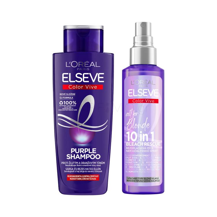 ΕΚΠΤΩΤΙΚΟ ΠΑΚΕΤΟ Σαμπουάν L&#039;Oréal Paris Elseve Color-Vive Purple Shampoo + Περιποίηση μαλλιών χωρίς ξέβγαλμα L&#039;Oréal Paris Elseve Color-Vive All For Blonde 10in1 Bleach Rescue