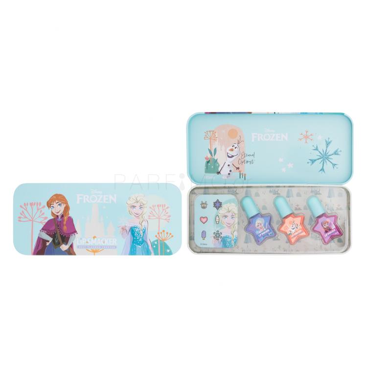 Lip Smacker Disney Frozen Nail Polish Tin Σετ δώρου βερνίκι νυχιών 3 x 4,25 ml + αυτοκόλλητα + μεταλλικό κουτί