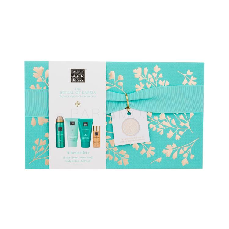 Rituals The Ritual Of Karma Gift Set Σετ δώρου αφρό ντους The Ritual Of Karma Foaming Shower Gel 50 ml + λοσιόν σώματος The Ritual Of Karma 24h Hydrating Body Lotion 70 ml + peeling σώματος The Ritual Of Karma Mild Body Scrub Paste 70 ml + λάδι σώματος με glitter The Ritual Of Karma Shimmering Body 