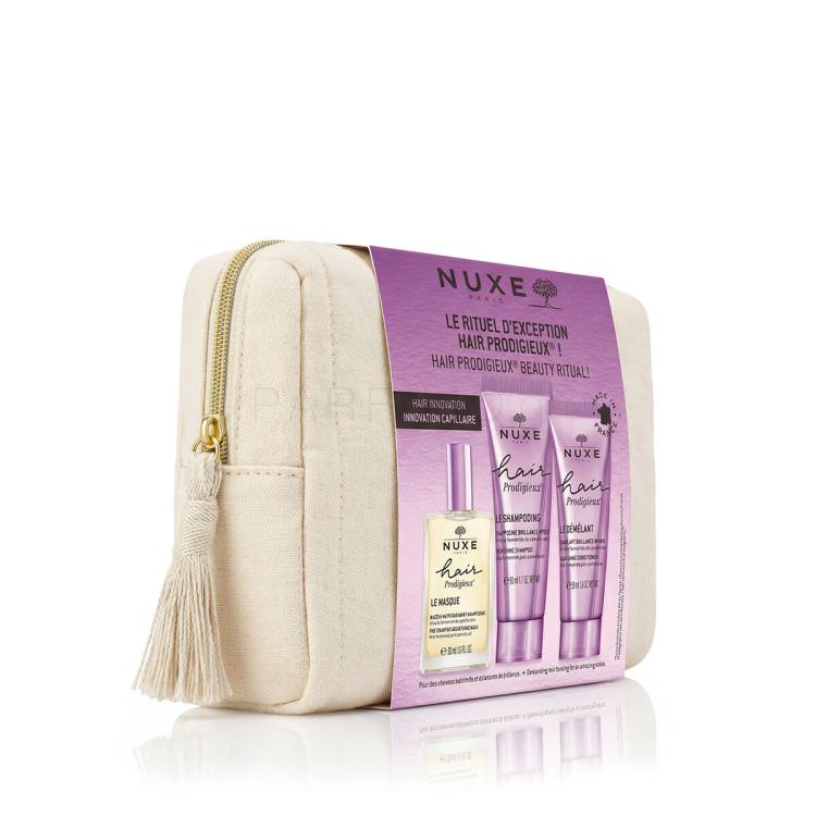 NUXE Hair Prodigieux My Luxury Haircare Routine Σετ δώρου σαμπουάν Hair Prodigieux High Shine Shampoo 50 ml + μαλακτικό Hair Prodigieux High Shine Conditioner 30 ml + μάσκα μαλλιών Hair Prodigieux Pre-Shampoo Nourishing Mask 30 ml + τσάντα καλλυντικών