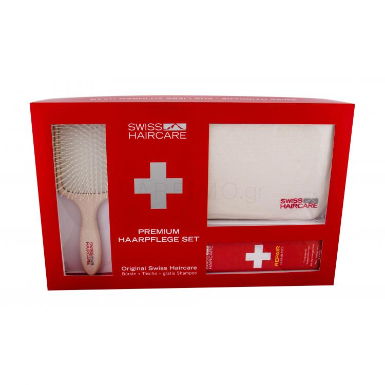 Swiss Haircare Premium Σετ δώρου επίπεδη βούρτσα  μαλλιών  Paddle Brush + σαμπουάν  για εξαντλημένα μαλλιά 200 ml + τσάντα