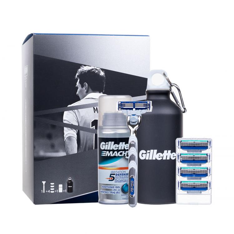 Gillette Mach3 Turbo Lionel Messi Σετ δώρου ξυριστική μηχανή με μία κεφαλή 1 κομ. + ανταλλακτικό κεφαλή 4 κομ. + τζελ ξύρισματως Irritation Defense 75 ml + αθλητικό μπουκάλι