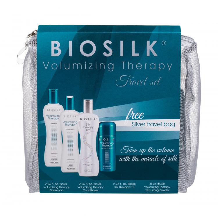Farouk Systems Biosilk Volumizing Therapy Σετ δώρου σαμπουάν 67 ml + βάλσαμο  67 ml + ορός μαλλιών  Biosilk Silk Therapy Lite 67 ml + πούδρα μαλλιών  15 g + καλλυντική τσάντα