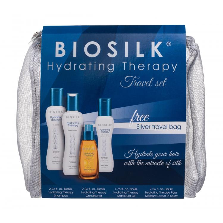 Farouk Systems Biosilk Hydrating Therapy Σετ δώρου σαμπουάν  67 ml + βάλσαμο 67 ml + λάδι μαλλιών  52 ml +βάλσαμο χωρίς ξέπλυμα  67 ml + καλλυντική τσάντα