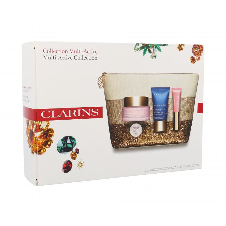 Clarins Multi-Active Σετ δώρου ημερήσια φροντίδα προσώπου 50 ml +νυκτερινή φροντίδα προσώπου  15 ml + βάλσαμο τόνωσης Instant Light Natural Lip Perfector 5 ml 01 Rose Shimmer + καλλυντική τσάντα