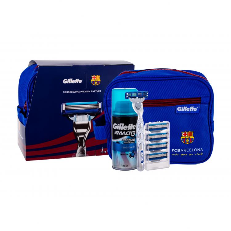 Gillette Mach3 Turbo FC Barcelona Σετ δώρου ξυράφι 1 κομ. + αντιλλακτικές λεπίδες 4 κομ +τζελ ξυρίσματος Extra Comfort 75 ml + καλλυντική τσάντα