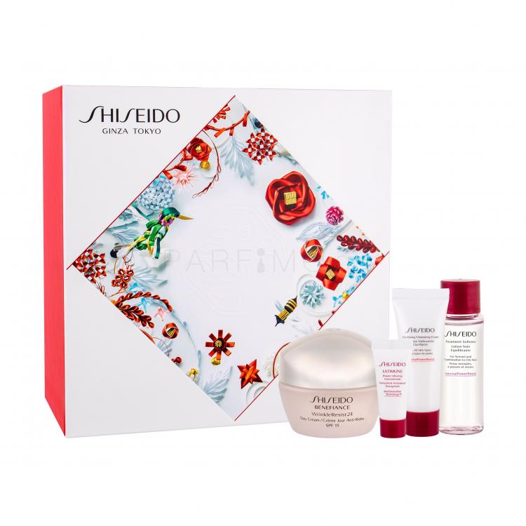 Shiseido Benefiance Wrinkle Resist 24 Day Cream SPF15 Σετ δώρου ημερήσια φροντίδα προσώπου SPF15 50 ml +ορός προσώπου ULTIMUNE 5 ml + αφρό καθαρισμού  Clarifying Cleansing Foam 15 ml + νερό καθαρισμού προσώπου Treatment Softener 30 ml