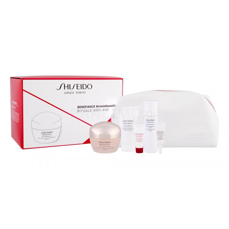 Shiseido Benefiance Wrinkle Resist 24 Day Cream SPF15 Σετ δώρου κρέμα ημέρας SPF15 50 ml + φροντίδα ματιών 3 ml + νερό καθαρισμού προσώπου  30 ml + αφρό καθαρισμού προσώπου 30 ml +ορός προσώπου  Ultimune 5 ml +καλλυντική τσάντα