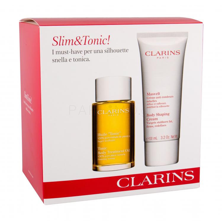 Clarins Tonic Body Treatment Oil Σετ δώρου λάδι σώματος 100 ml + κρέμα σώματος Body Shaping Cream 100 ml +καλλυντική τσάντα