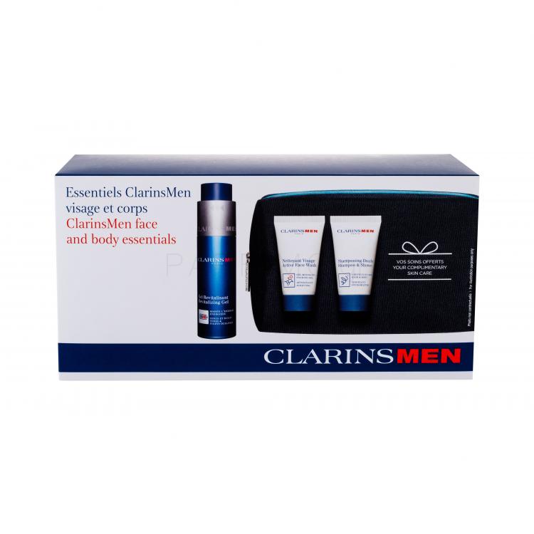 Clarins Men Revitalizing Gel Σετ δώρου ενυδατικό τζελ 50 ml + καθαρισμος προσώπου  Active Face Wash 30 ml + αφρόλουτρο Shampoo &amp; Shower 30 ml + καλλυντική τσάντα