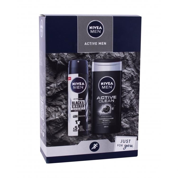 Nivea Men Active Σετ δώρου αφρόλουτρο 250 ml + αντιιδρωτικό σπρέι Black &amp; White Invisible 150 ml