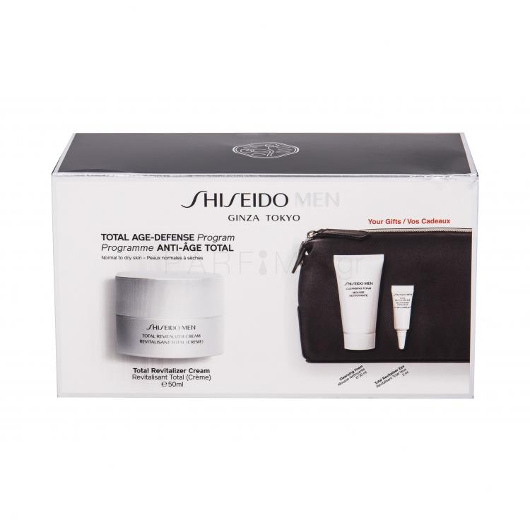 Shiseido MEN Total Revitalizer Σετ δώρου φροντίδα προσώπου ημέρας Total Revitalizer Cream 50 ml + αναζωογονητική φροντίδα ματιών Total Revitalizer Eye Cream 3 ml + αφρός καθαρισμού 30 ml + τσάντα καλλυντικών