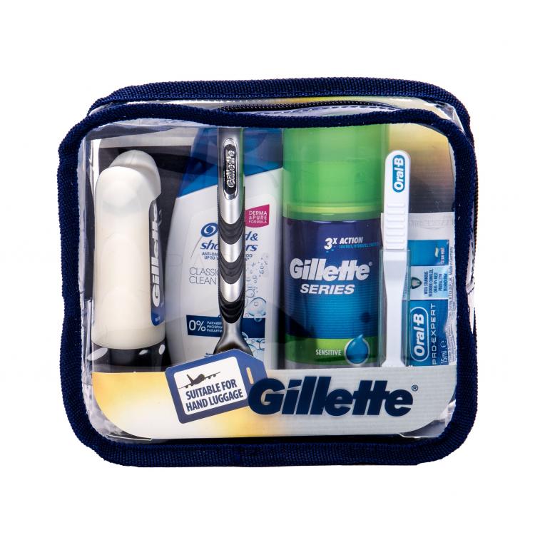 Gillette Mach3 Travel Kit Σετ δώρου ξυριστική μηχανή μονής κεφαλής 1 τεμ + αφρός ξυρίσματος 75 ml + βάλσαμο ξυρίσματος 75 ml + σαμπουάν 90 ml + οδοντόκρεμα 15 ml + οδοντόβουρτσα 1 τεμ